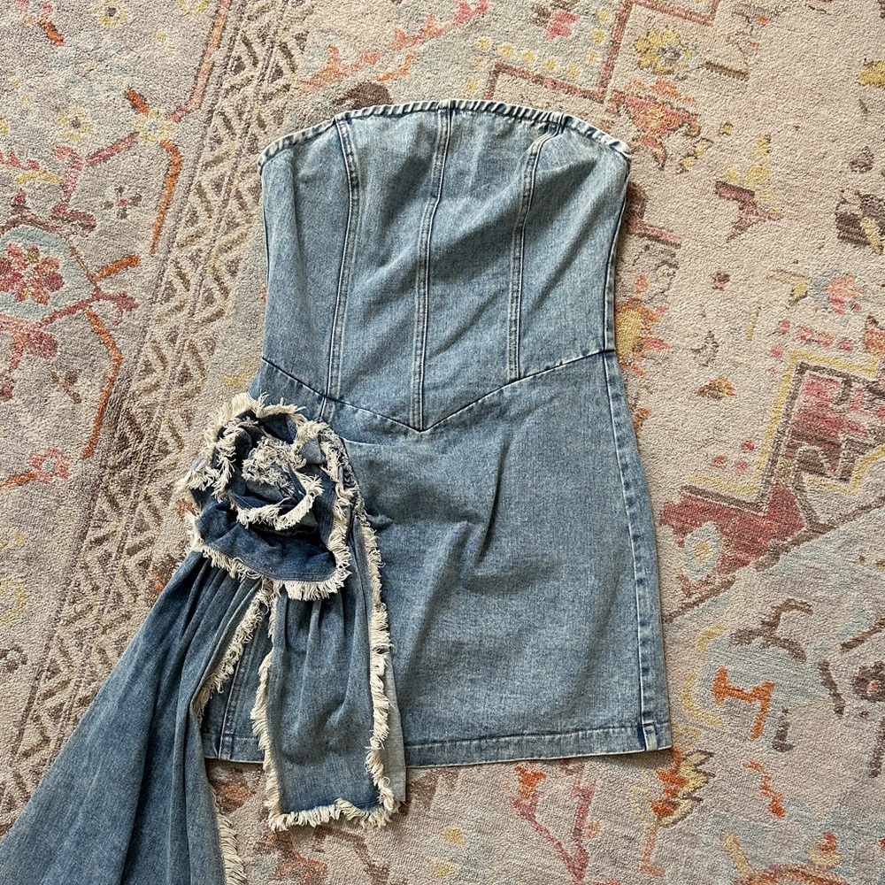 Elliatt Strapless Denim Dress with Fringe Detail